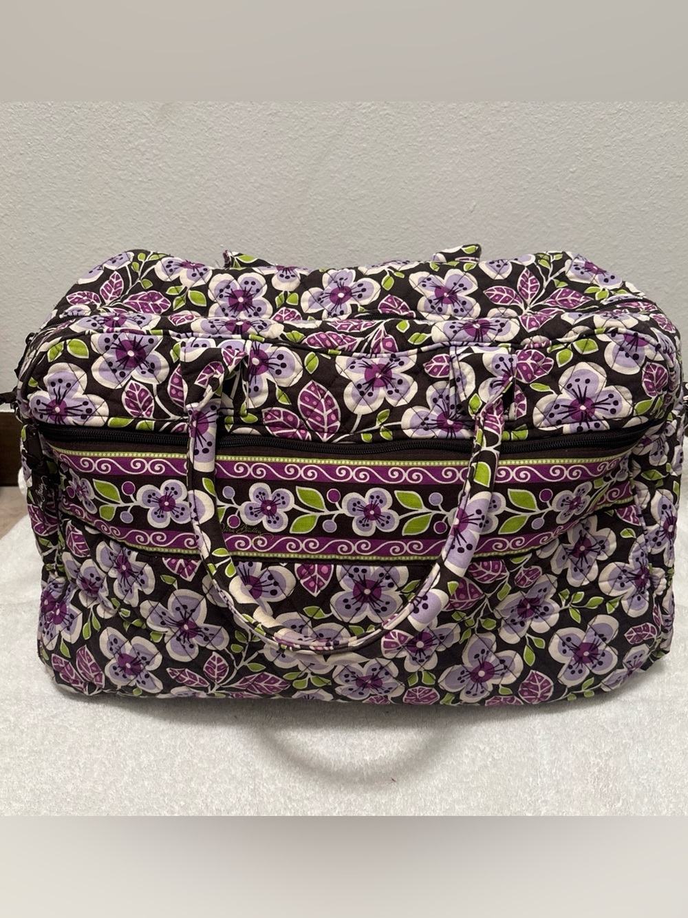 Vera Bradley Quilted Floral Travel Tote in Purple, Green, White, and Black